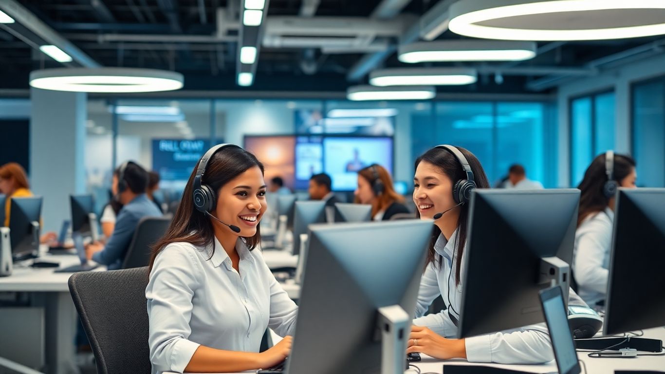 Modern, diverse call center agents at computers in office