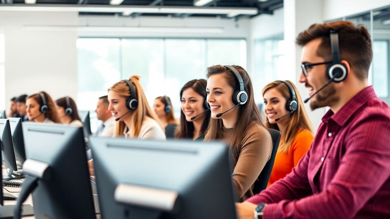 Call center consultants working together in an office