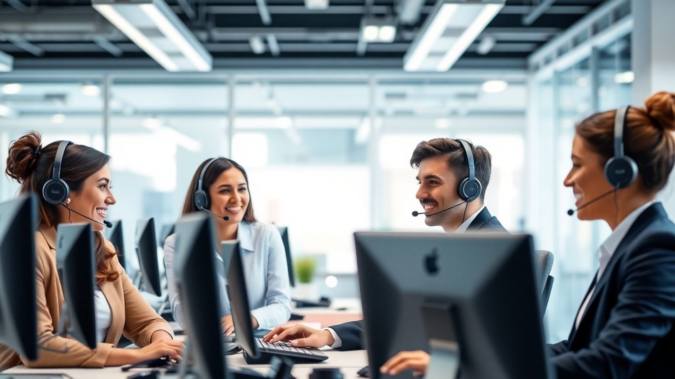 Call center consultants assisting clients in a modern office.