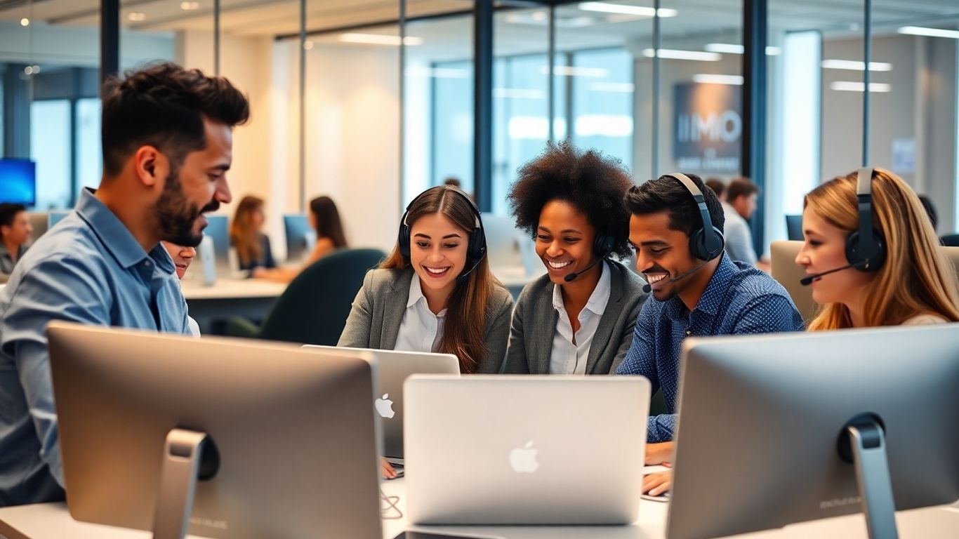 Consultants collaborating in a modern call center office