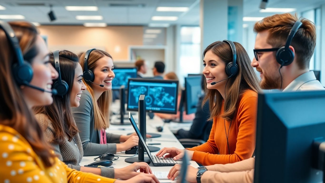 Call center consultants collaborating in a modern office