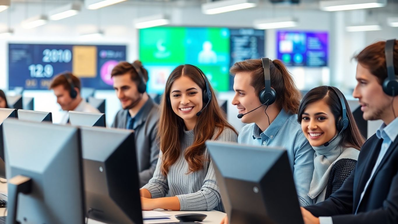 Diverse call center team using headsets and digital screens