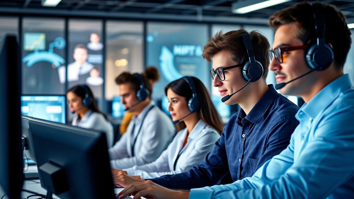 Call center agents with futuristic AI assistant in office
