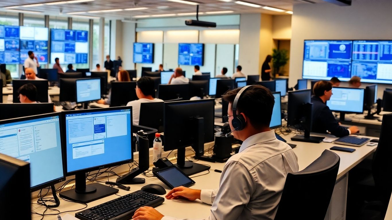 Call center agents working at computers in office