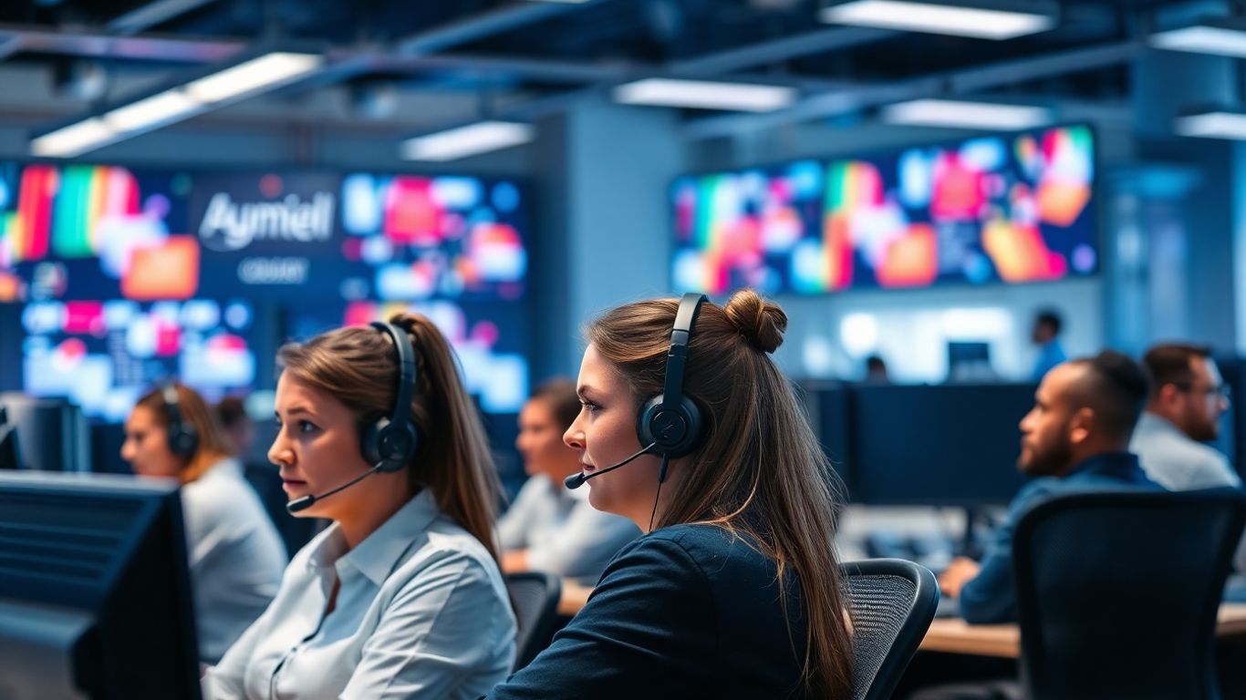 Call center agents working at modern computer stations