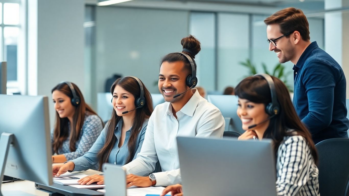Smiling call center team collaborating with headsets