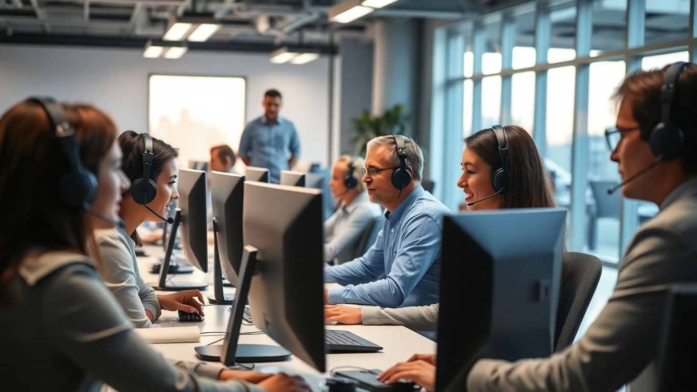 Call center agents at work in modern office