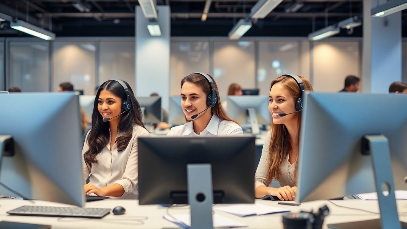 Call center agents collaborating at modern workstations