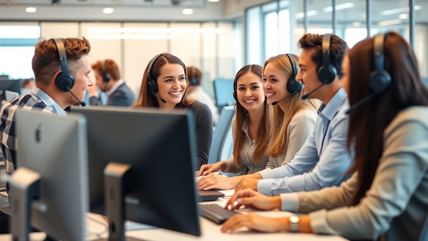 Call center agents collaborating at modern office workstations