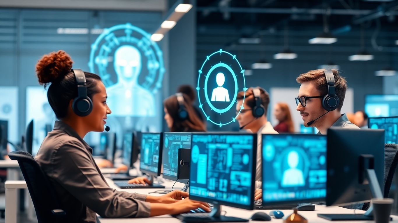 Call center agents with AI hologram assisting in office.