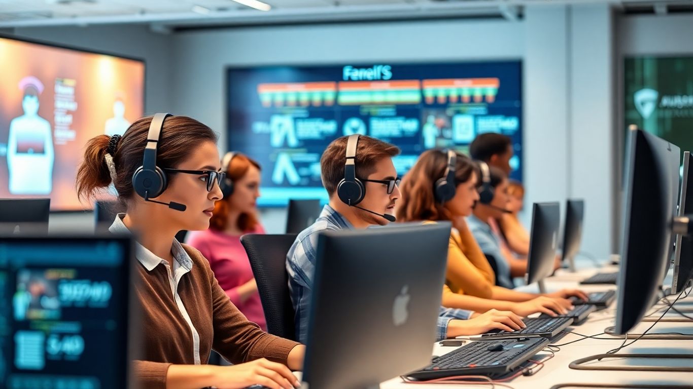 Modern call center agents working in a bright tech environment