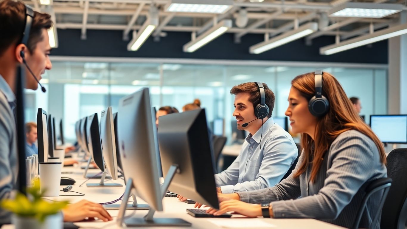 Modern call center agents working in bright office space