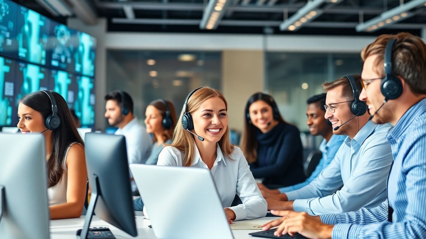 Modern call center agents in a bright collaborative workspace