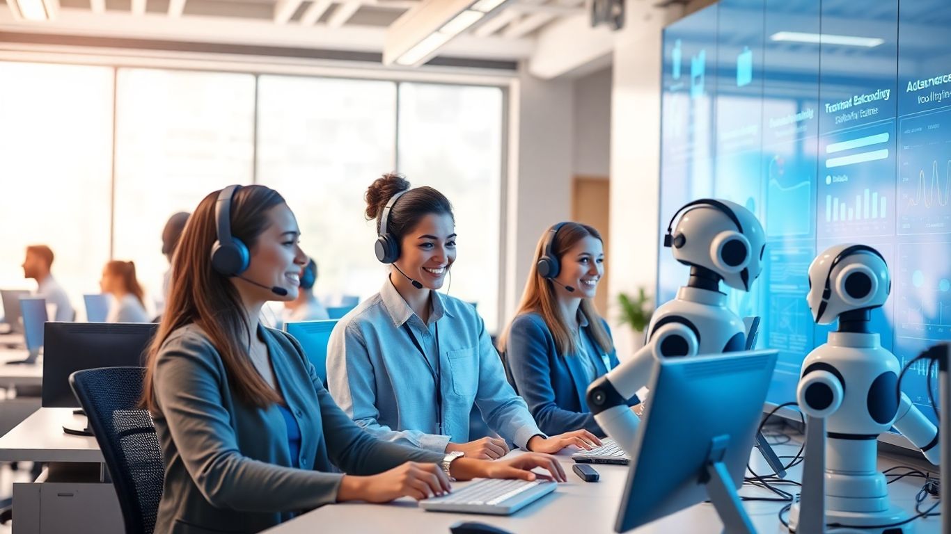 Futuristic call center agents with robots and digital screens
