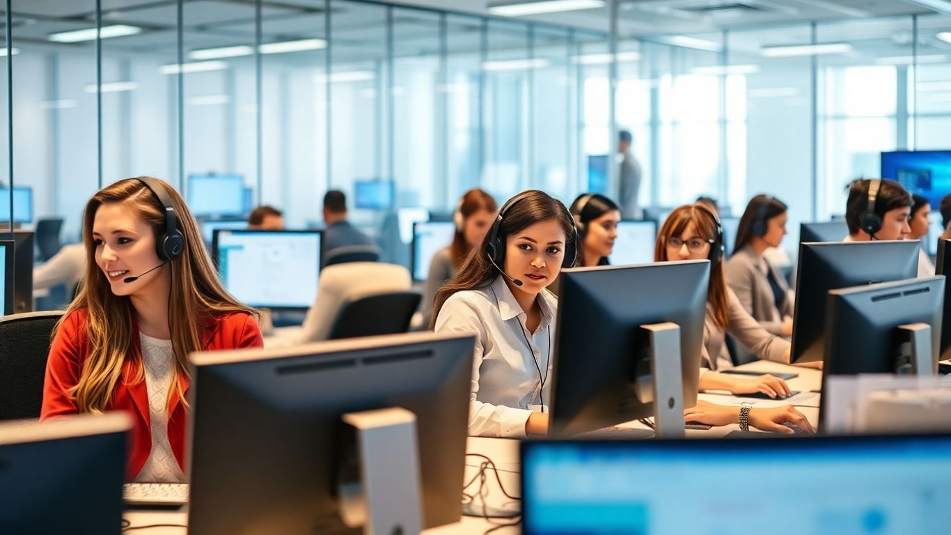 Diverse call center agents working efficiently at modern desks