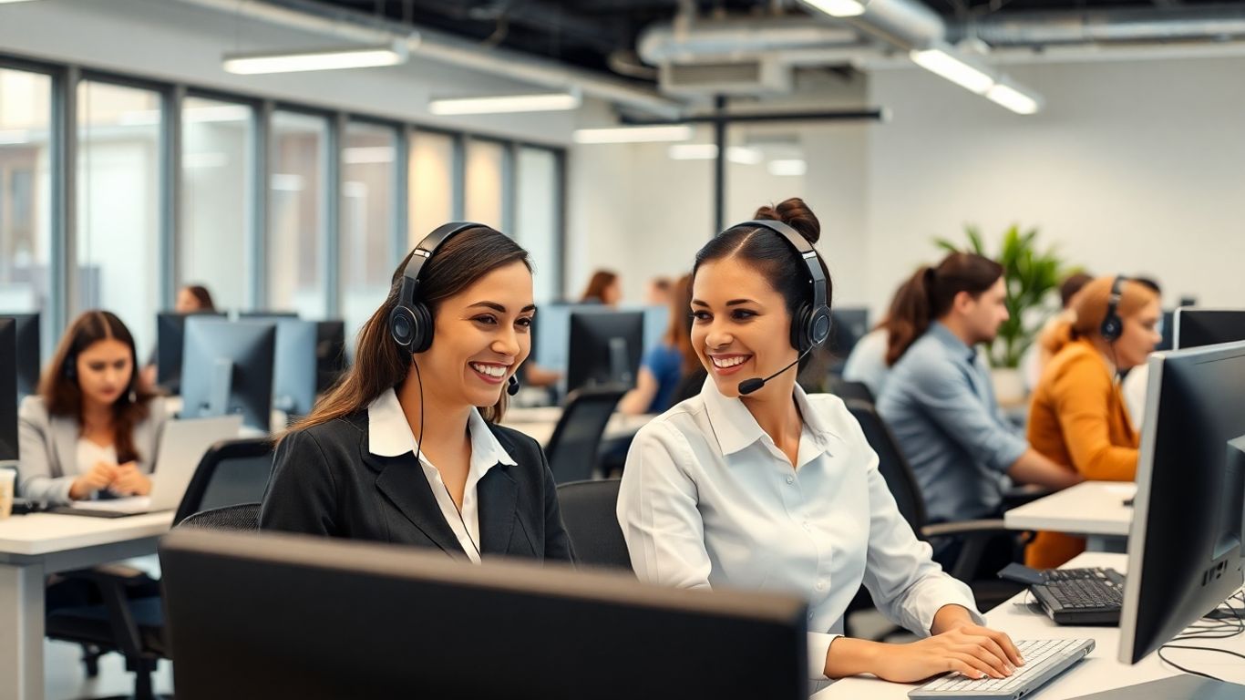 Call center agents helping customers in a small office