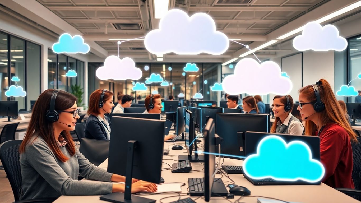 People working at desks with digital cloud icons