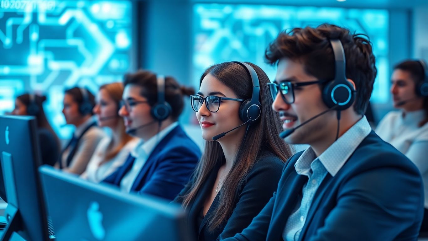 Modern call center team with digital technology ambiance