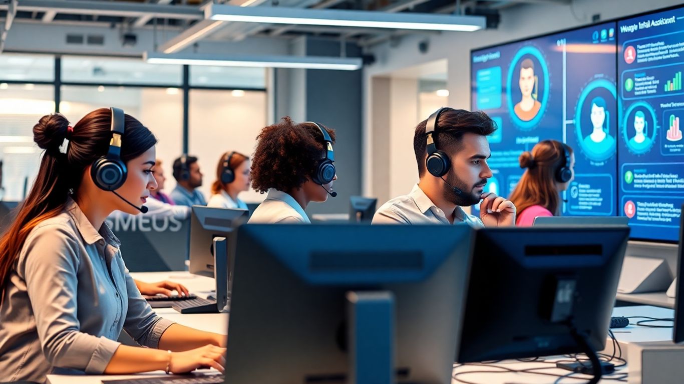 Modern call center agents with AI technology and headsets