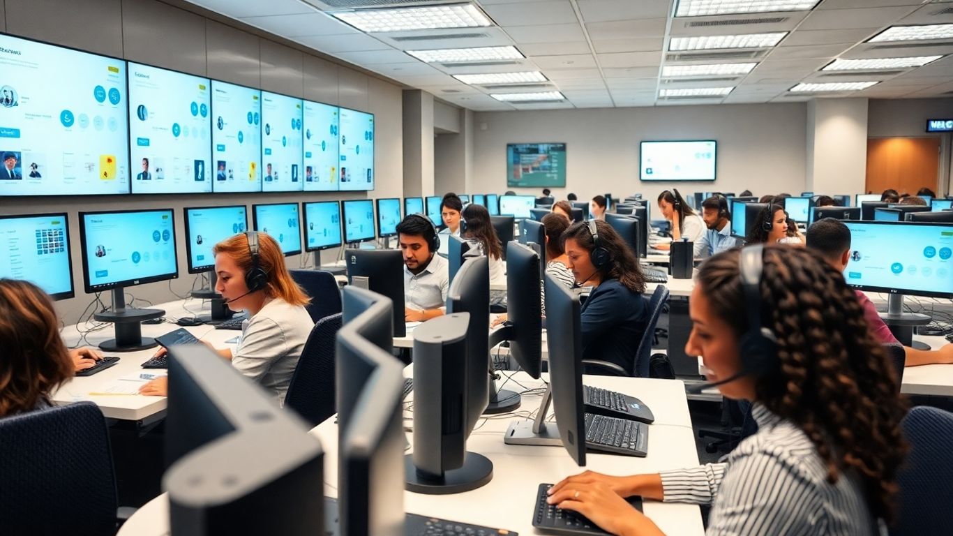 Customer service agents working in a modern call center