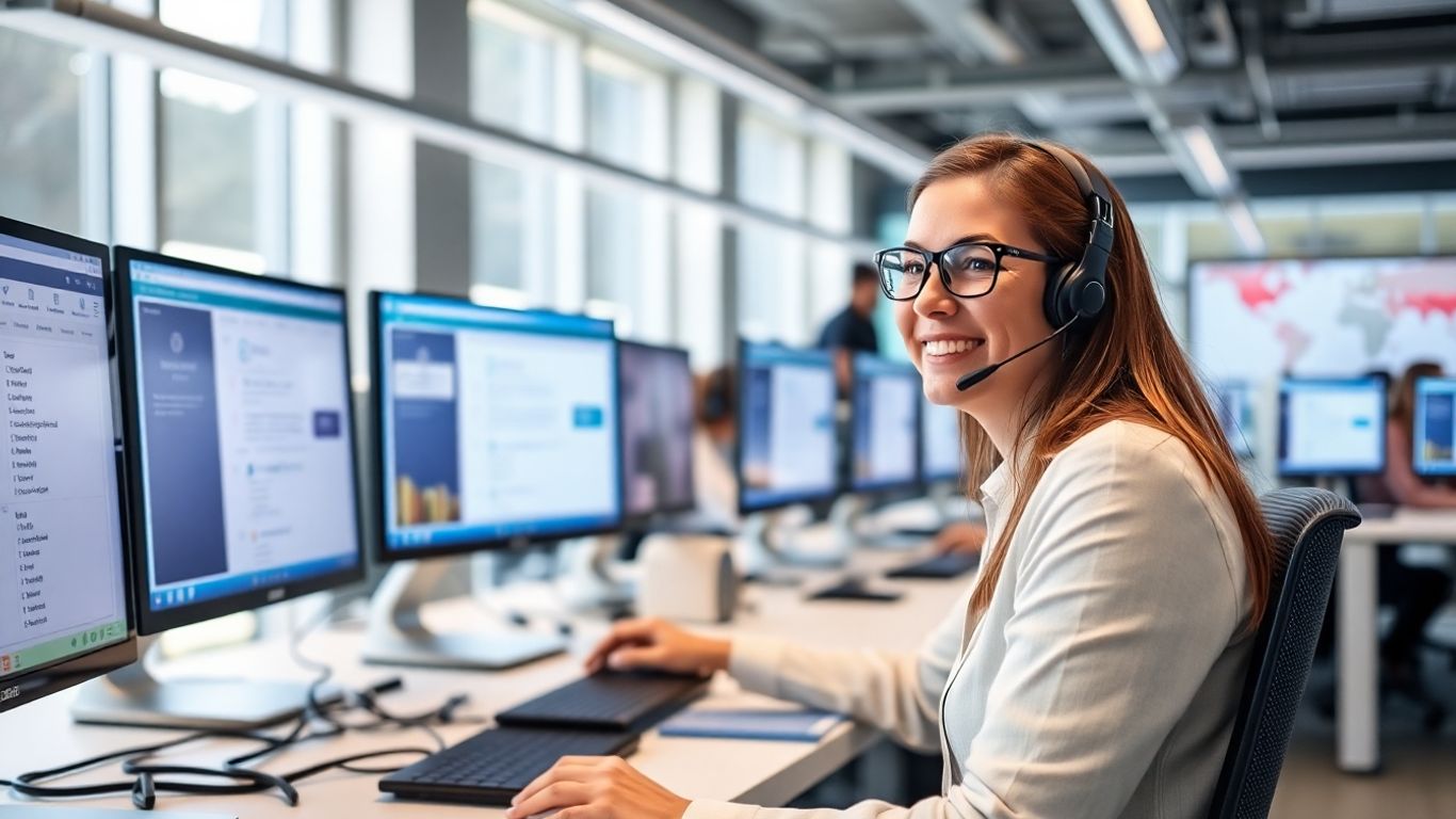 Smiling call center agent assisting customers at desk