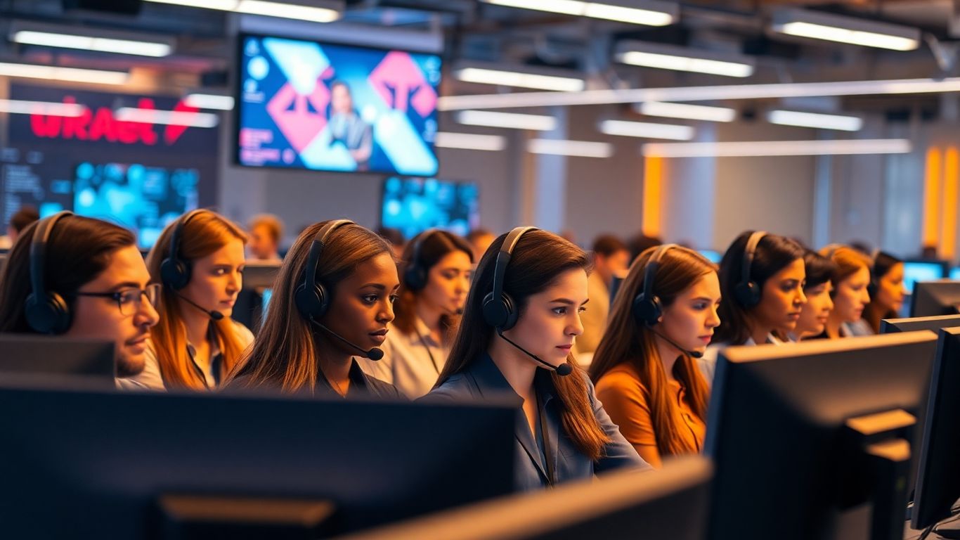 Call center agents working in a modern high-tech office