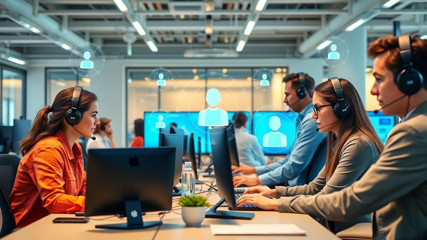 Modern call center agents with advanced technology equipment