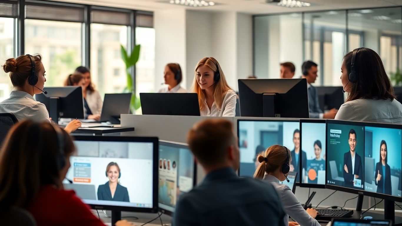 Call center agents on video call across different locations.