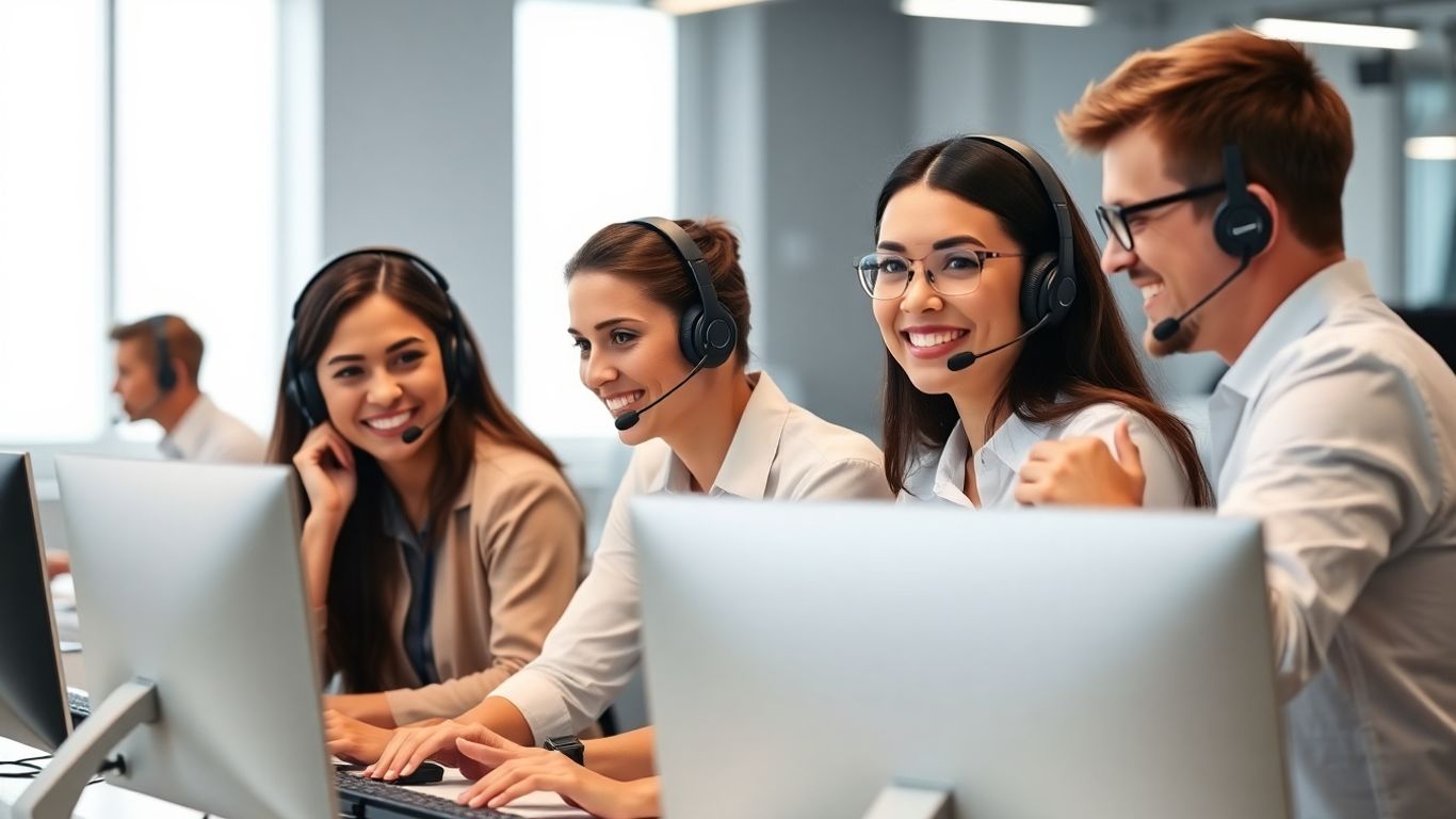 Call center agents and supervisor collaborating in modern office