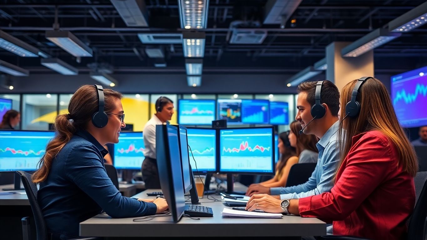 Call center agents and supervisor collaborate in modern office.