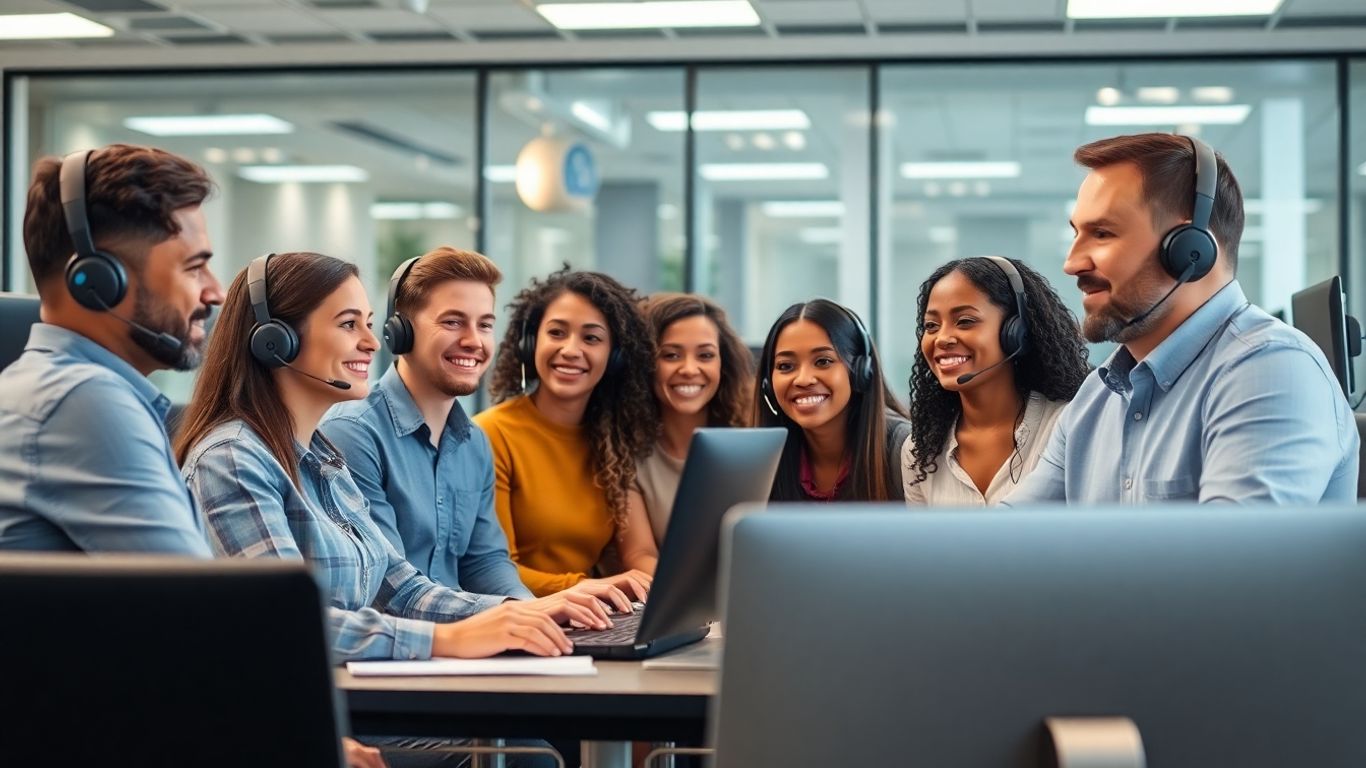 Call center supervisor coaching happy diverse agents