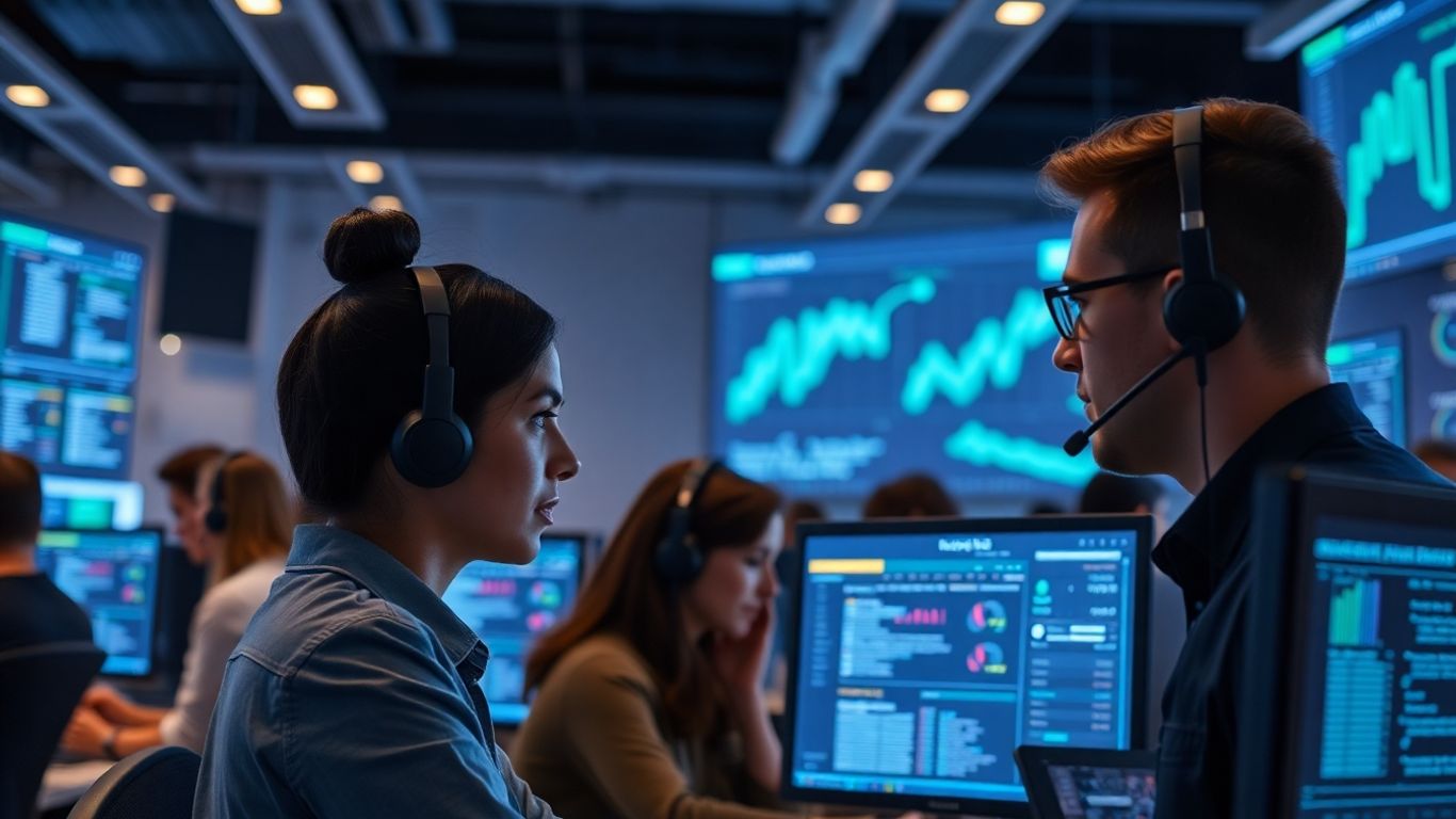 Call center agents with AI-powered digital screens working together.