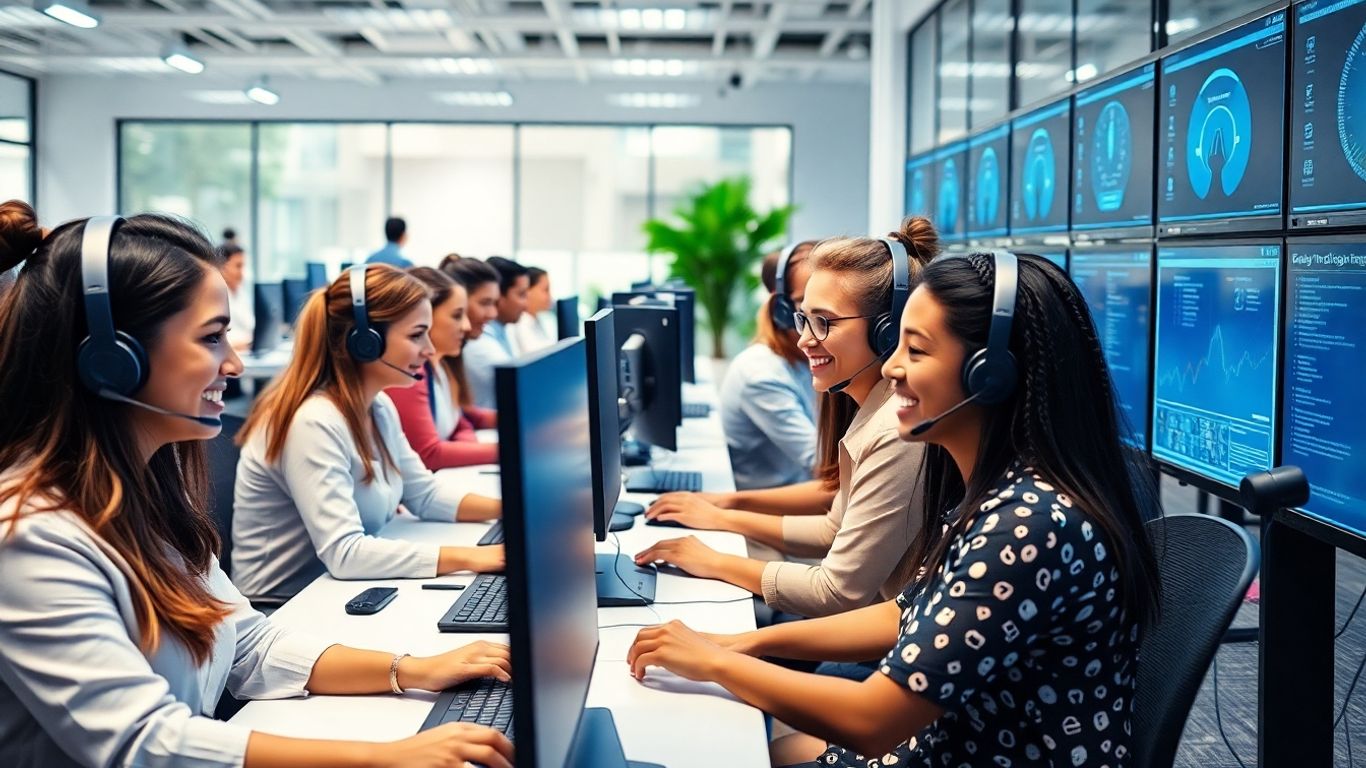 Call center agents using computers in modern office
