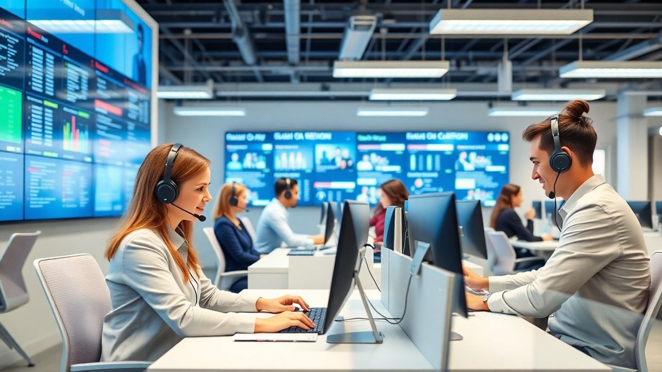 Modern call center with agents and digital display screens