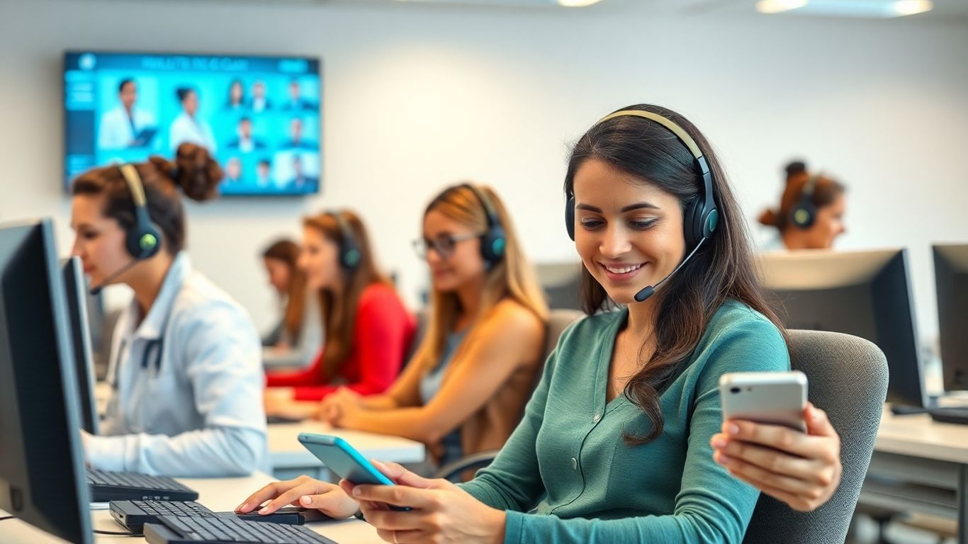 Healthcare call center agents and patient using smartphone
