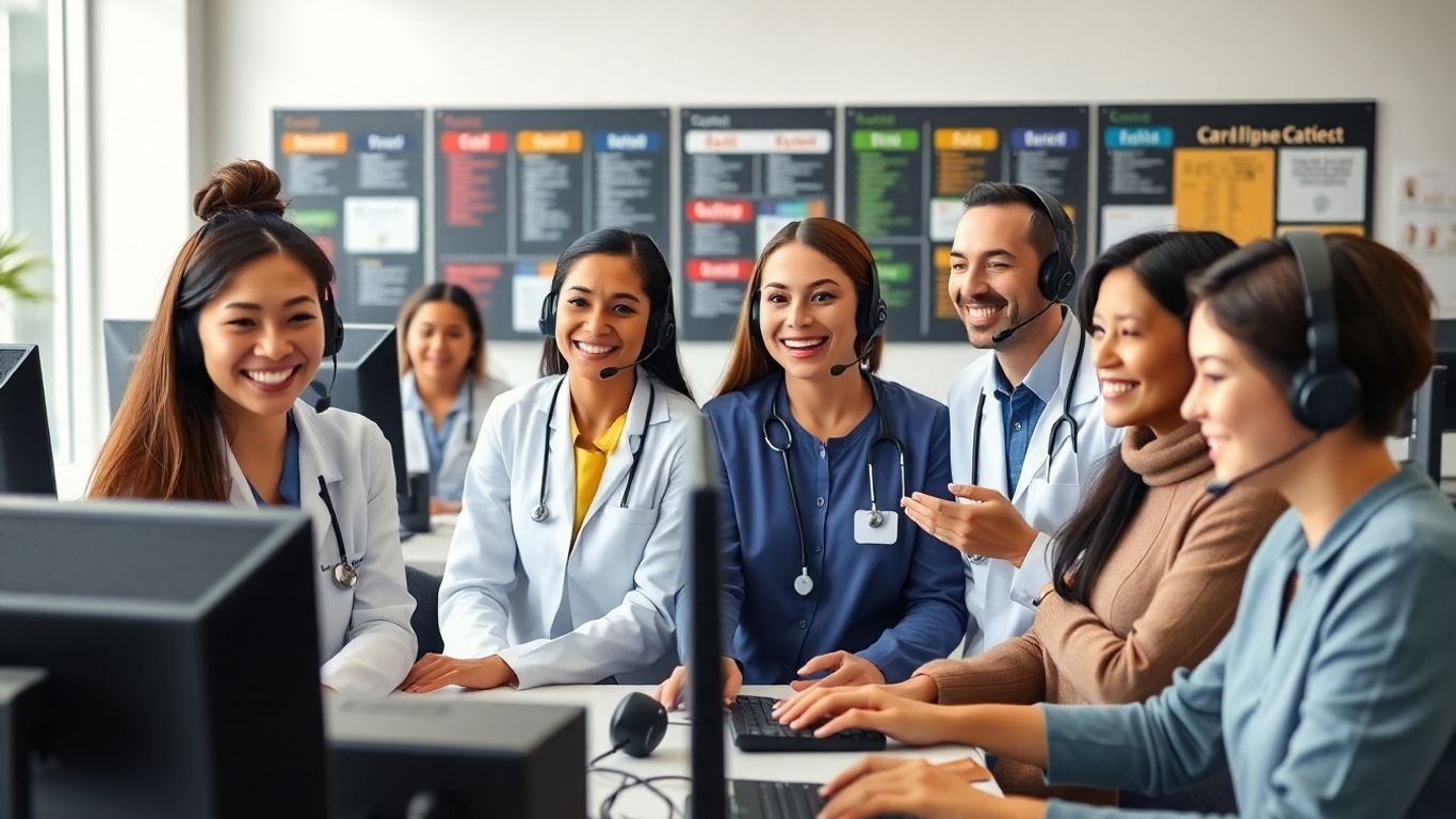 Healthcare staff and patients engaging in call center support
