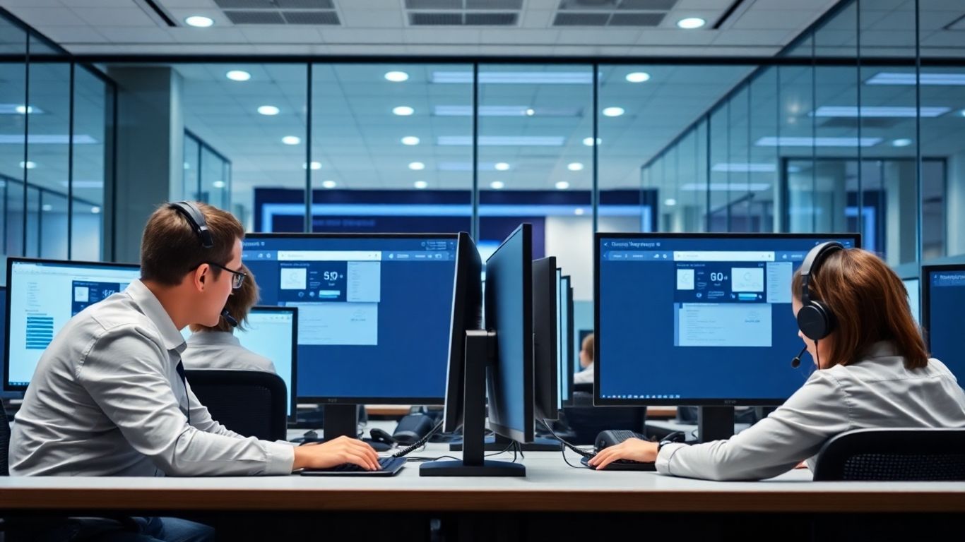 Call center agents working in a modern, secure office