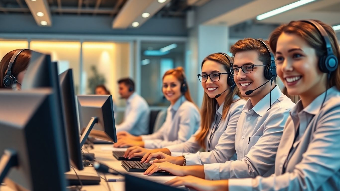 Smiling call center agents helping customers on headsets.