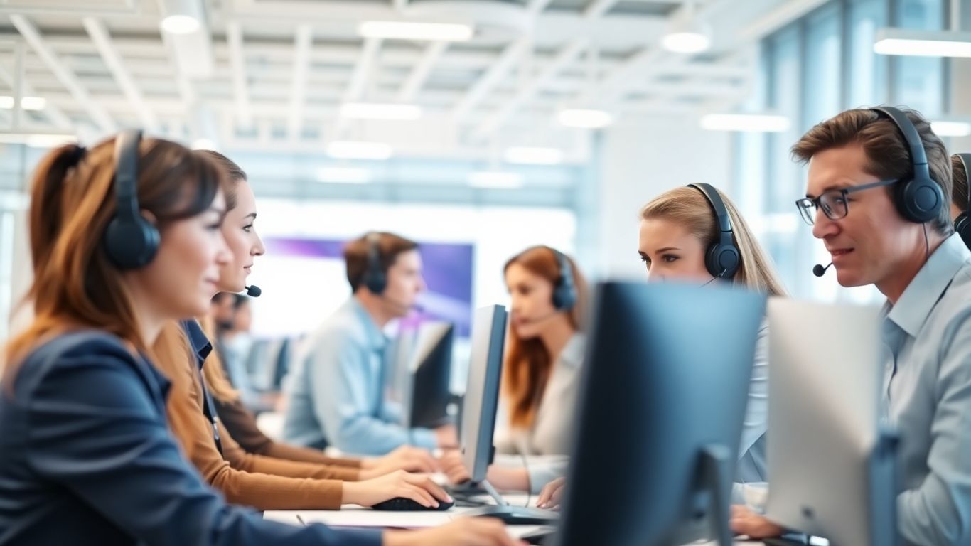 Call center agents working in modern office setting