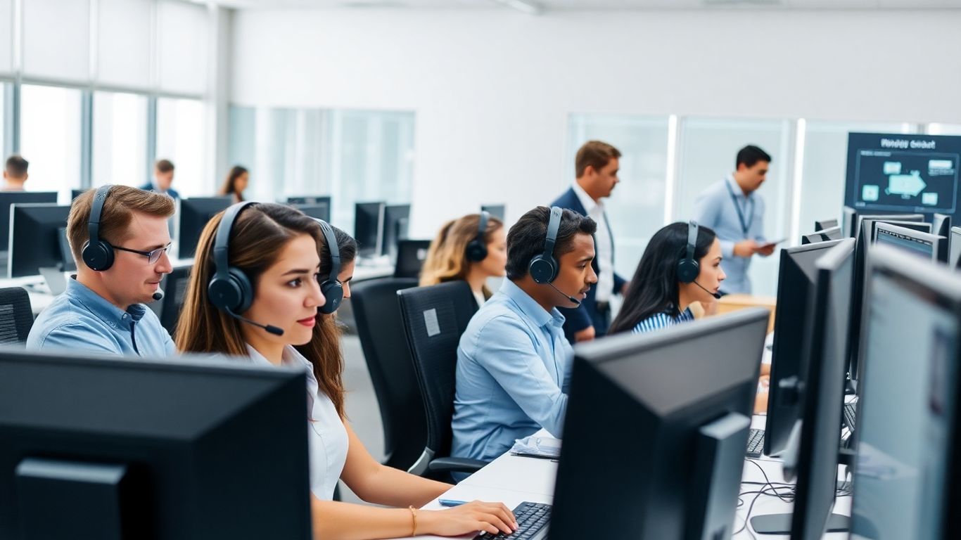 Modern call center agents monitored by supervisors at work