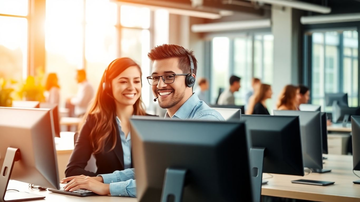 Call center team working in bright modern office