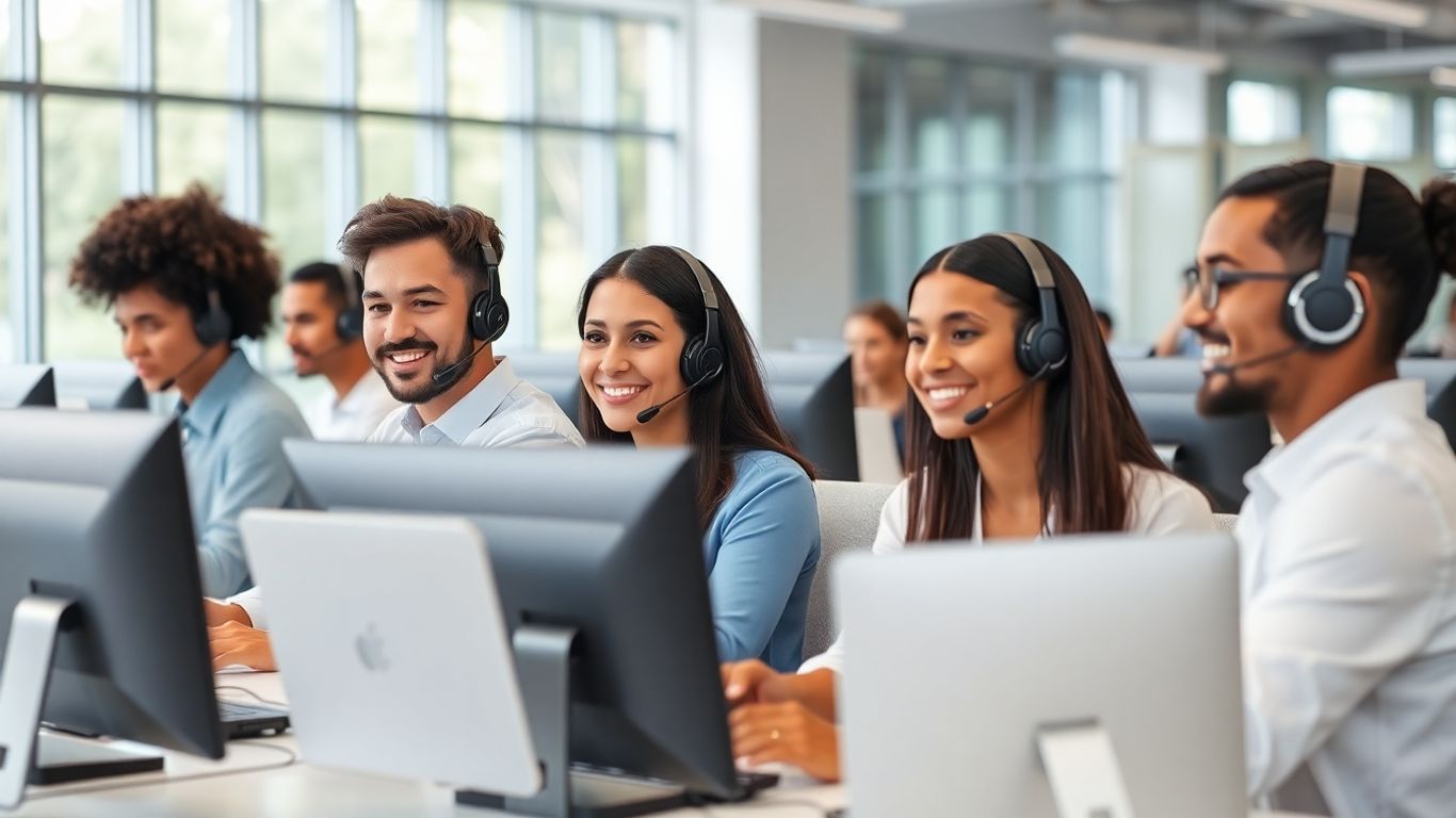 Diverse call center agents collaborating in a bright office