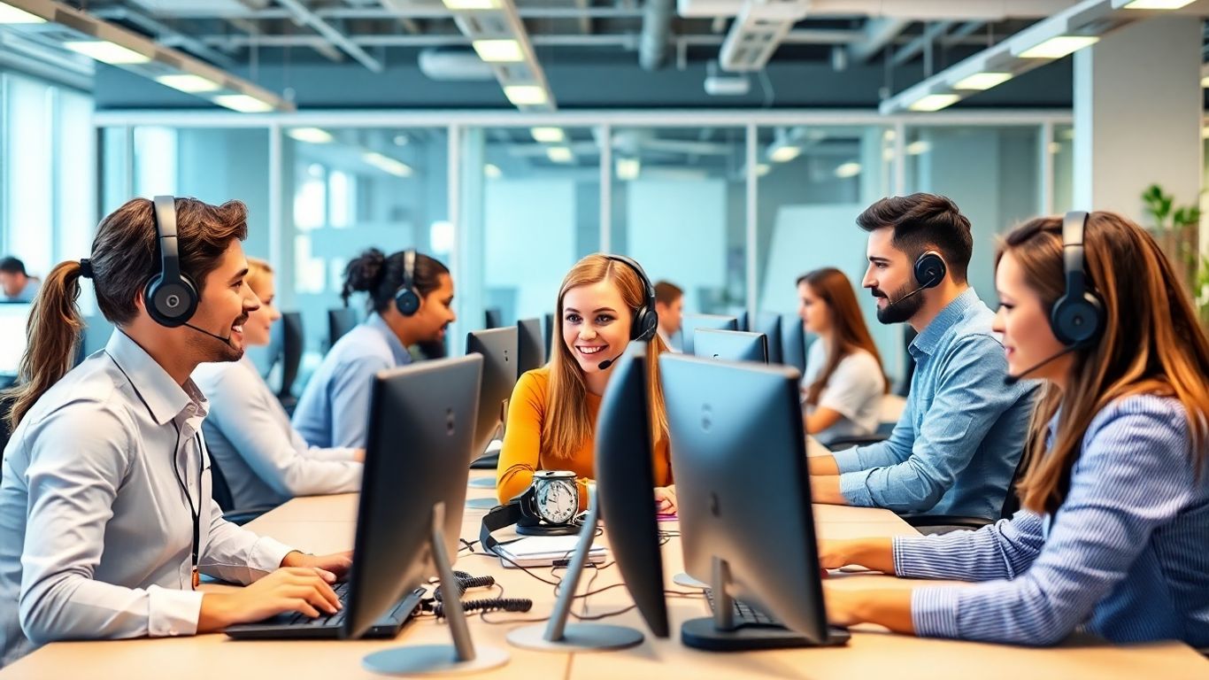 Diverse call center agents talking in a modern office