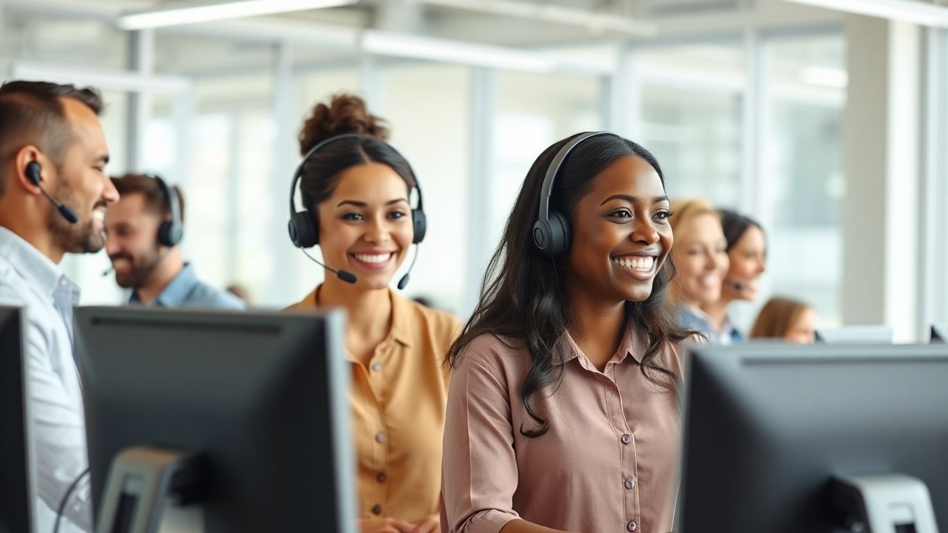 Call center team working together in modern office.