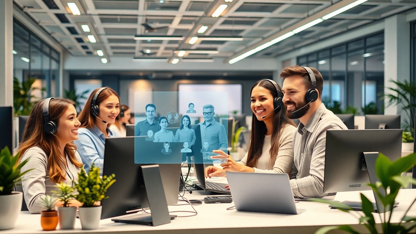 Diverse call center agents using technology in modern office