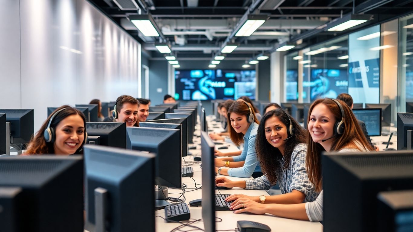 Call center agents in a modern, high-tech office