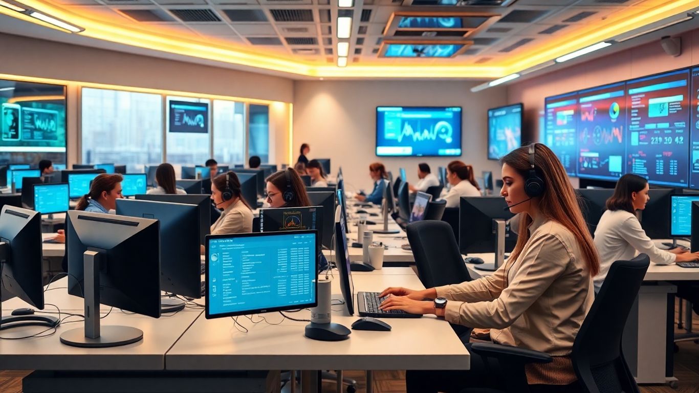 Modern call center agents working at computers with headsets