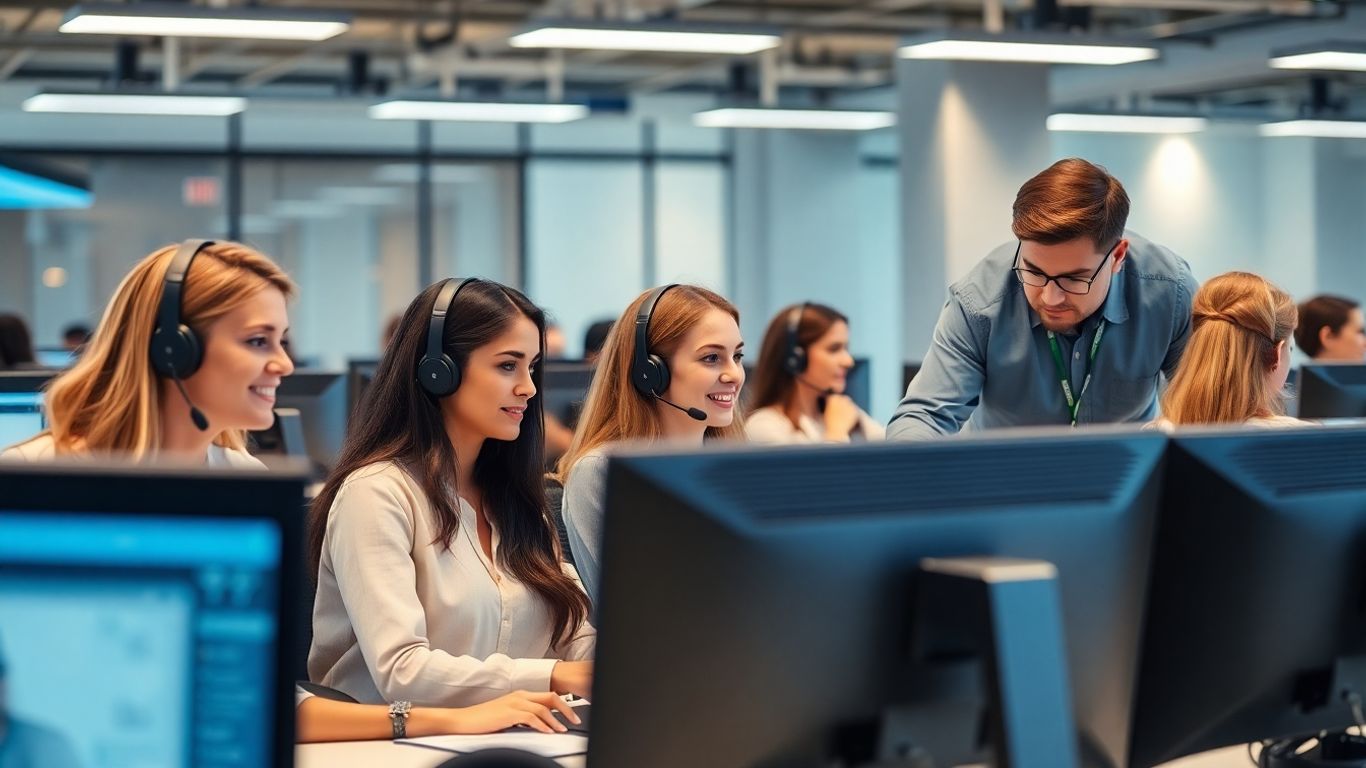 Call center agents receiving coaching in a modern office