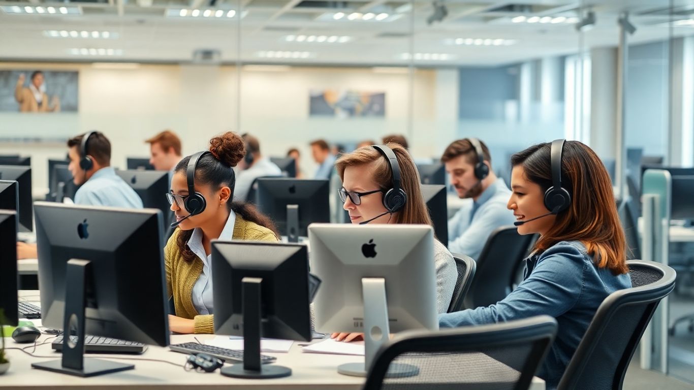Telemarketing agents working at computers in a modern office