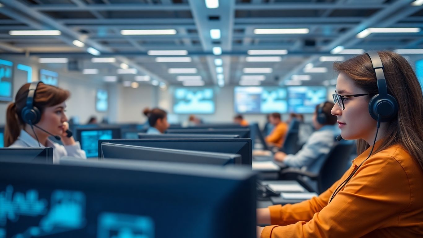 Call center agents using technology in a modern office